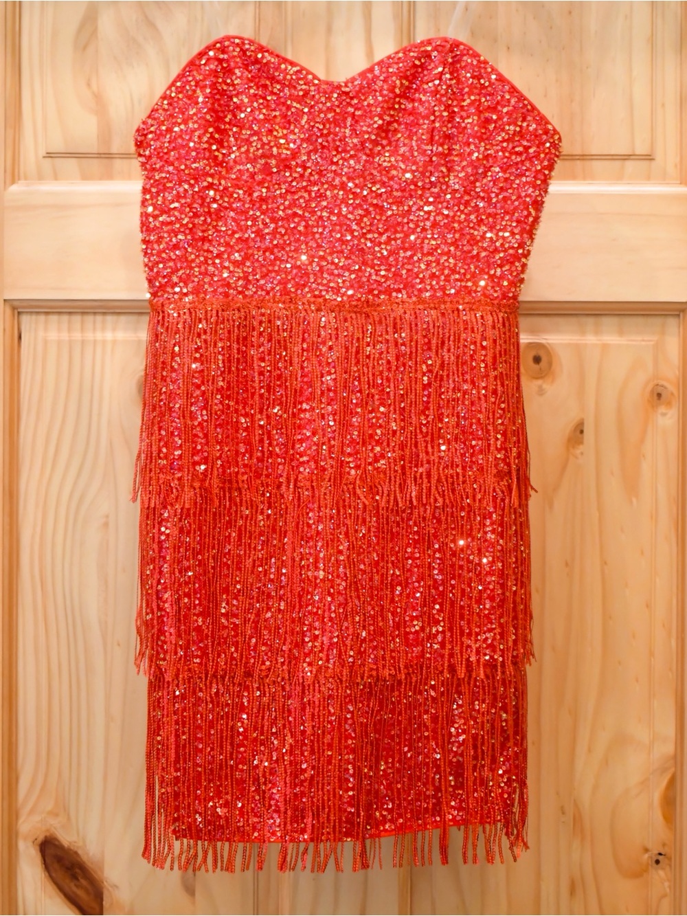 Red Sequin Fringe Strapless Mini Dress S